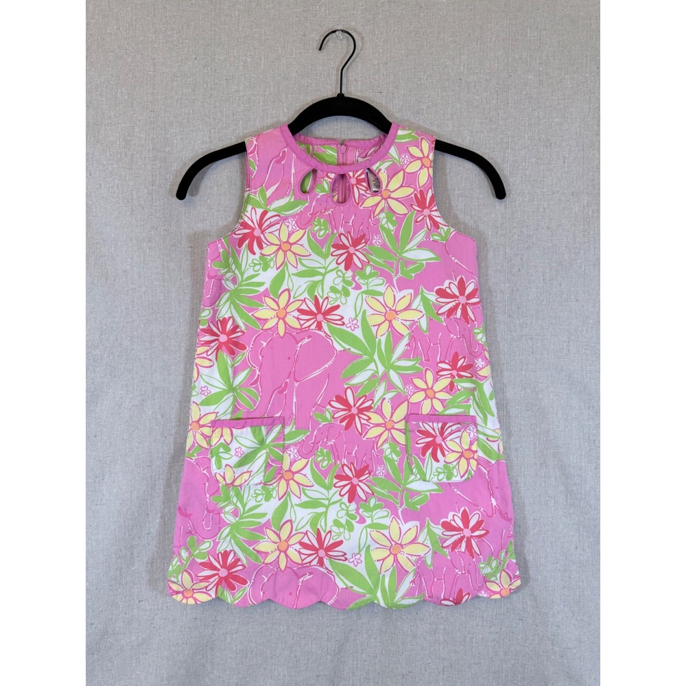 RARE Lilly Pulitzer Girls Pink Elephant Floral Scalloped Shift Dress Size 6X